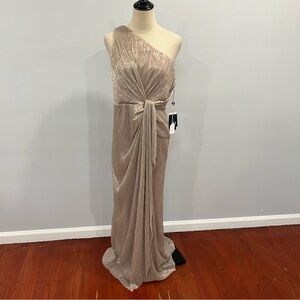 Adrianna Papell Metallic Blush One Shoulder Stardust Plated Draped Gown Size 12